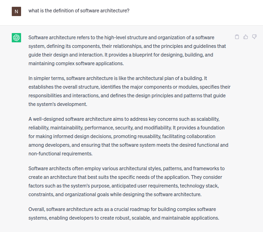 ChatGpt definition of software architecture